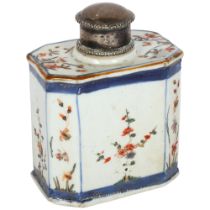 An 18th century Chinese caddy, with painted and enamelled decoration, and plated lid, H11cm Good