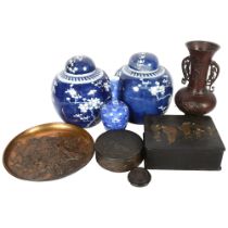 Modern Chinese ginger jars, blue and white vase on stand, antimony box, embossed bronze dish,