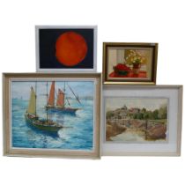 A group of various watercolours and oils on board, including a framed watercolour of Rye, tide