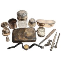 A group of silver and plated items, to include silver cigarette case, napkin ring, silver-topped