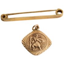 A 14ct gold bar brooch, 3.1g, and a 9ct gold St Christopher, 2.8g