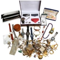 A box of various modern costume jewellery, including a Swarovski bracelet, gilt-metal jewellery,