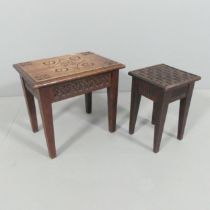 An antique oak marriage stool with initialled and decorative carving, 40x35x29cm, and a smaller
