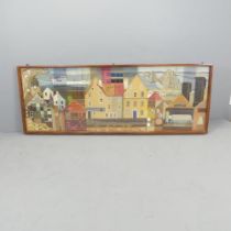 A mixed media on panel street scene in mahogany frame, unsigned. 194x70x5cm.