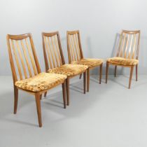 G-PLAN - a mid-century set of four teak and upholstered Fresco dining chairs, with original
