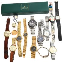 A collection of various wristwatches, including Gucci (quartz), Timex, Liga, a Rytima automatic, a