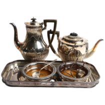 A silver plated coffee pot, teapot, pair of wine coasters, serving tray etc