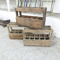 Three various vintage French wooden bottle carriers, One named Vins Carrousel, the other two