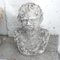 A weathered composite bust sculpture, study of Bacchus. 38x52x25cm.