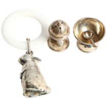 A baby's silver plated teething ring with rabbit rattle, and a miniature pepper and salt