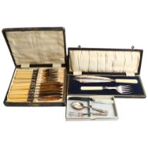 A cased pair of plated fish servers, a cased set of fish cutlery for 6 people, and another (3)