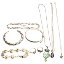 A group of various silver jewellery, to include a Mexican silver bangle, 2 amethyst set rings,