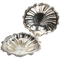 2 large silver plate on copper shell serving trays, 1 in Old English pattern by Poole on scrolled