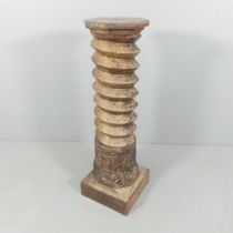 A French elm spiral turned column with carved decoration. 39x122cm.