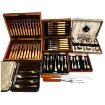 A collection of cased cutlery, to include a part fish service for 12 people, 1 knife missing, a