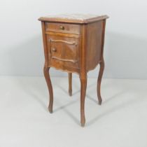 A French stained walnut and mahogany marble topped pot cupboard on cabriole legs. 37x83x38cm.