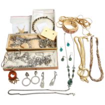 A tray of various costume jewellery, including silver chains, pieces by Lee Sands, 1950s brooches