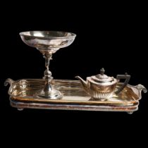 A rectangular silver plate on copper serving tray with scrolled handles, L59cm, a plated 2-section