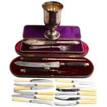 A Victorian horn-handled 3-piece carving set, with silver mounts, cased, an engraved silver plated