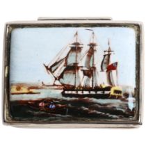 A silver rectangular pillbox, with an enamelled lid depicting a 3-masted sailing ship