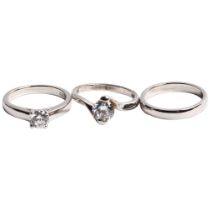 2 silver and cubic zirconia set dress rings, and a matching silver band ring (3)