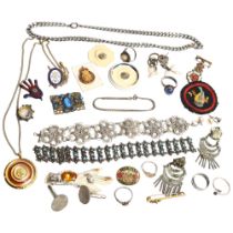 A group of various jewellery, including a turquoise set panel bracelet, a silver filigree panel