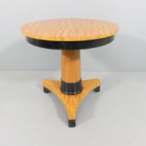 An Art Deco or Biedermeier style satinwood veneered pedestal table. 65x65cm. Good condition, some