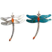 A pair of stone and mother-of-pearl decorated dragonfly brooches, both marked 950