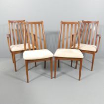 A mid-century set of four teak and upholstered dining chairs, with label for Stateroom. (2+2)