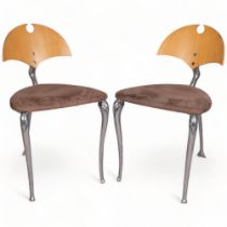 A pair of vintage dining chairs, with Aluminium frame and bent plywood backs, beige faux suede