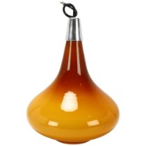 A 1970s' Scandinavian amber glass ceiling pendant lamp, with aluminum cover and original fittings,