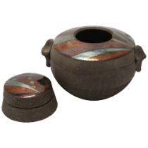 A Raku fired two handled vessel and a similar trinket box, larger piece with makers mark "W",