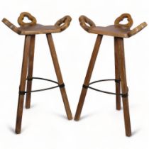 A pair of vintage Brutalist "Marbella" style stools, oak with rope steel foot rest, height 89cm Wear