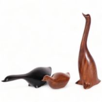 3 carved wood bird figures by John Fox, all signed JF to base with label of woods used, tallest 20cm