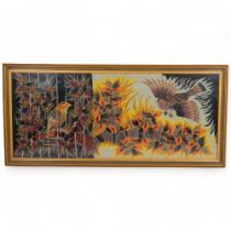 A mid-century French woolwork picture of stylised birds, framed, 121 x 55cm Good condition.