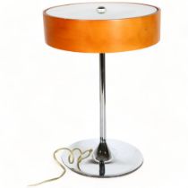 A late 20th century table lamp, beech wood and frosted glass shade on chromed base, height 45.5cm