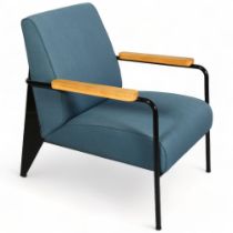 Jean Prouve, a Fauteuil de Salon lounge chair by Vitra, the black painted steel frame with slate