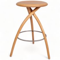 A Trannon 3 legged high stool in steam bent ash by David Colwell and Roy Tam, height 67cm Some