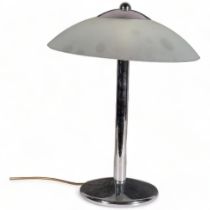 A mid 20th century UFO/ Umbrella table lamp, steel with frosted glass shade, height 46cm