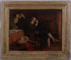 2 Cavaliers by firelight, 19th century oil on board, indistinctly signed, 24cm x 29cm, framed Good