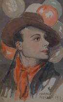 Harald Melvill, watercolour portrait, signed and dated 1933, 21cm x 13cm, framed Good condition