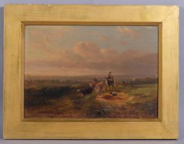 Cattle and drovers on a country path, 19th century oil on canvas, unsigned, 22cm x 32cm, framed
