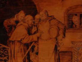 W Geiger, monks in a wine cellar, pyrographic pokerwork picture, 21cm x 27cm, framed Good condition