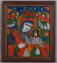 Romanian icon, reverse painting on glass, in hardwood frame, overall frame dimensions 49cm x