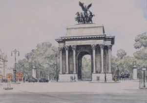 Graham Barry Clilverd (1883-1959), engraving on paper, Hyde Park Corner, The Wellington Arch, signed