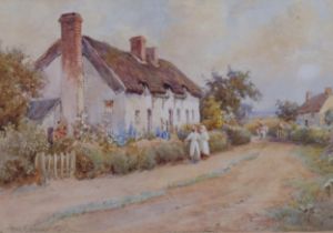 Joshua Fisher (1859-1930), watercolour on paper, Country Cottages, signed, 16.5cm x 24cm, mounted,