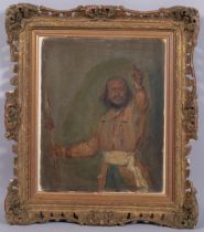 19th century portrait of a man holding a spear, oil on board, unsigned, 29cm x 23cm, framed Board