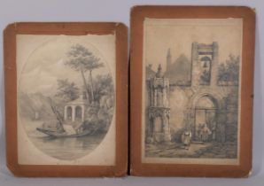 5 various 19th century watercolours and charcoal drawings, various artists (5), unframed