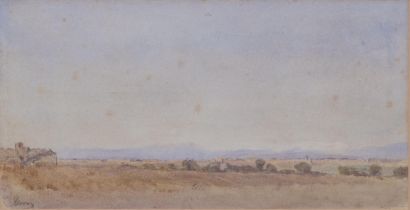 Moon, 19th/20th century extensive landscape, watercolour, signed, 18cm x 34cm, framed Some very