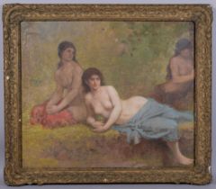 Pre-Raphaelite style study of nude bathers, late 19th century oil on canvas laid on board, unsigned,